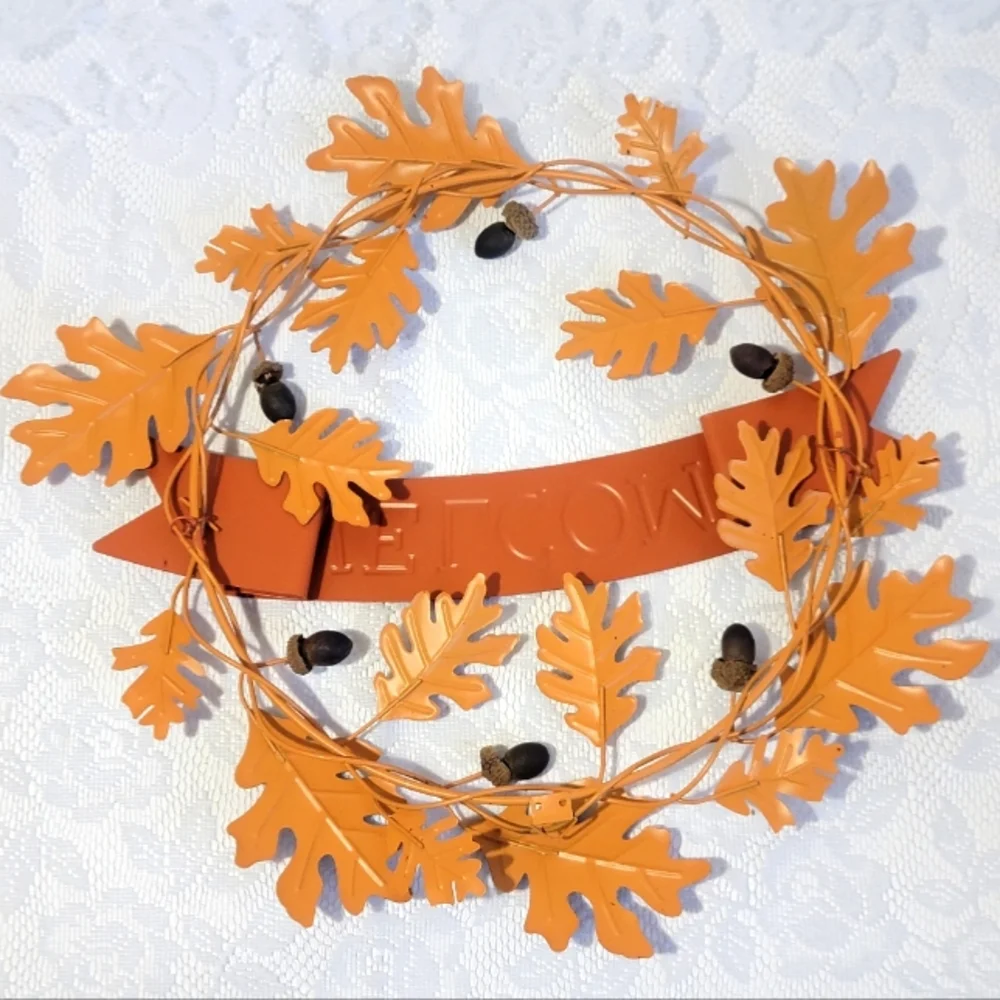 Fall Welcome Sign Metal Autumn Leaf Color Oak Acorn Wreath Door Wall Home Decor